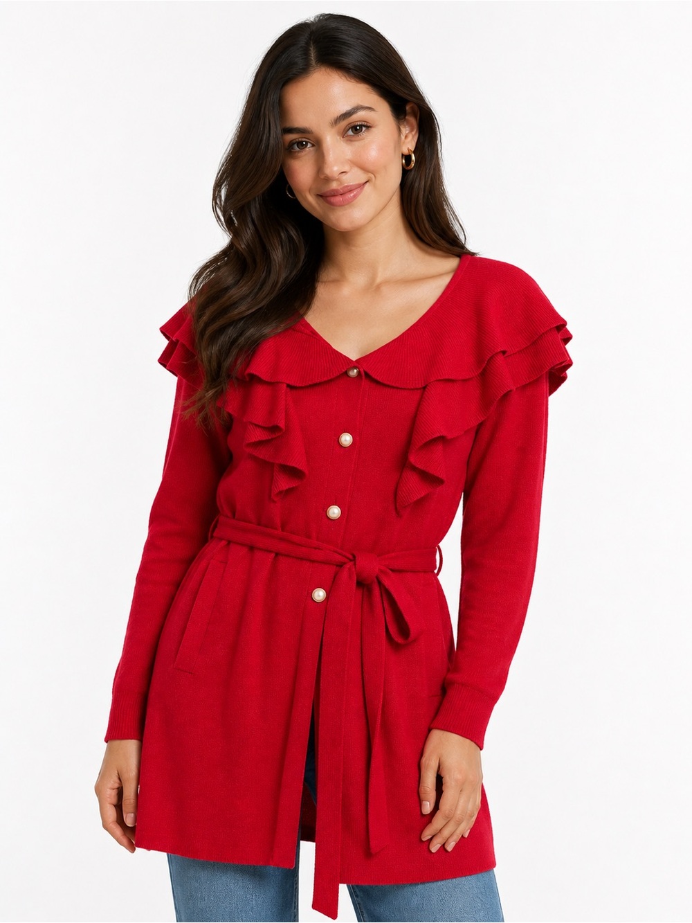 C Wonder by Christian Siriano Chico's Red Ruffle Belted Cardigan
